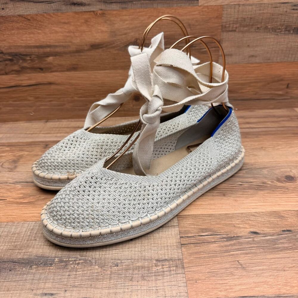 Rothy's size 9 The Espadrille gold stripe ankle lace up wrap casual flats